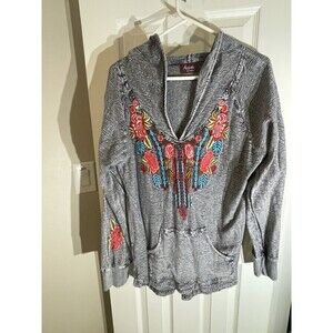 Avani Del amour  Aztec Hooded Pullover Top Grey Large Embroidered With Pockets